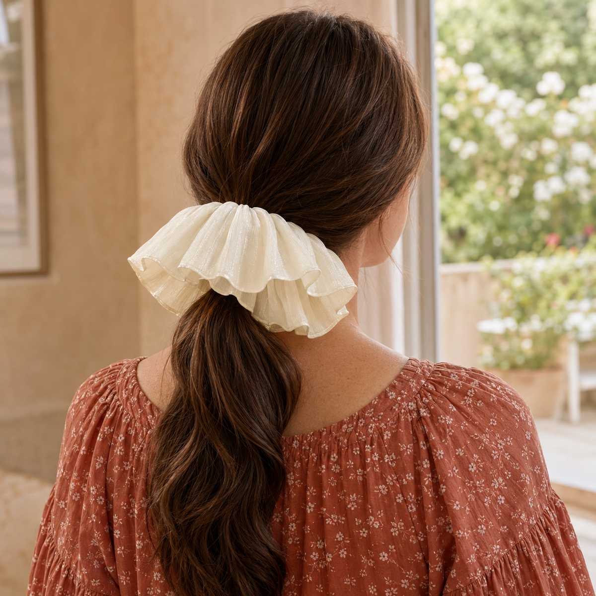 Pearl Glow Shimmer Ruffle Scrunchie