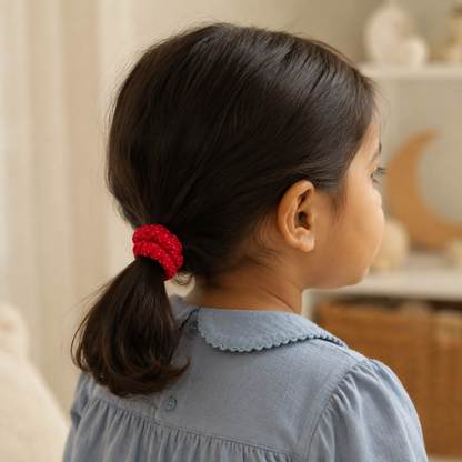 Child wearing a red and white polka-dot mini scrunchie in a ponytail