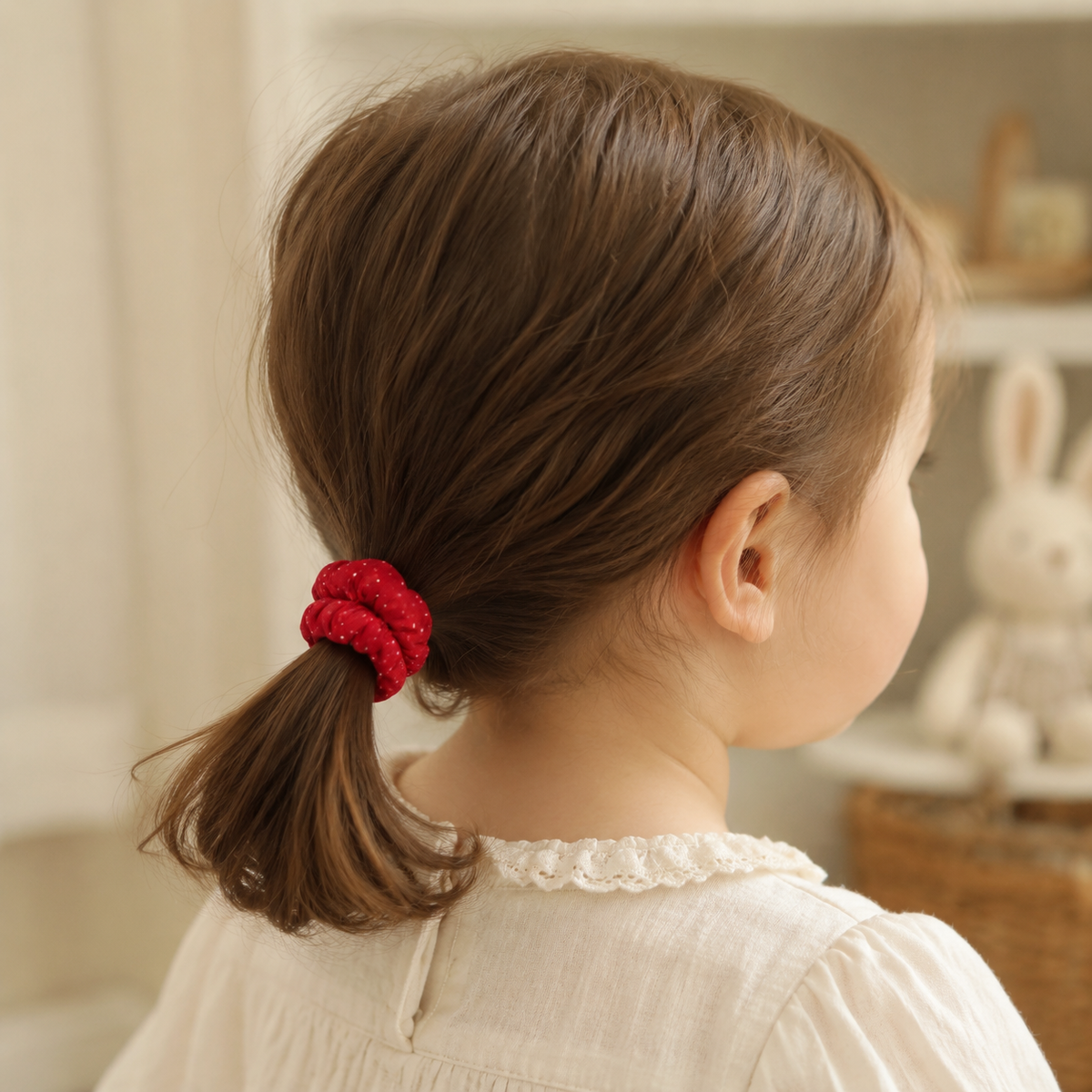 Child wearing a red and white polka-dot mini scrunchie in a ponytail