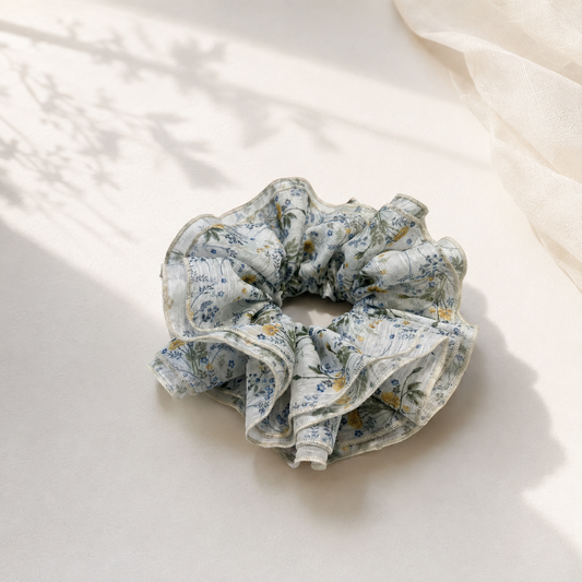 Morning Meadow blue floral chiffon scrunchie by Luna Dot