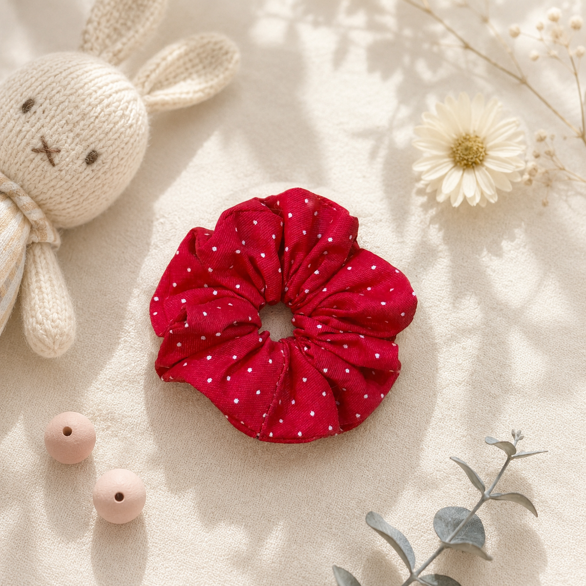 Cherry Dot red and white polka-dot mini cotton scrunchie for children by Luna Dot