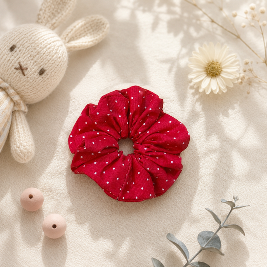 Cherry Dot red and white polka-dot mini cotton scrunchie for children by Luna Dot