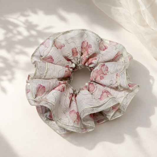Blush Blossom ivory and pink floral chiffon scrunchie by Luna Dot