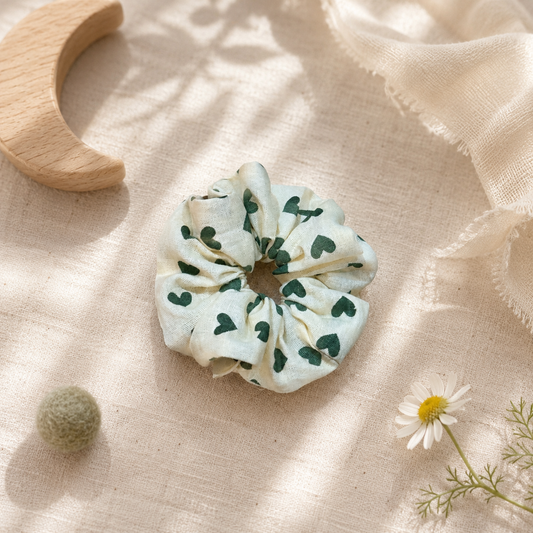 Forest Heart warm ivory and green heart print mini cotton scrunchie for children by Luna Dot