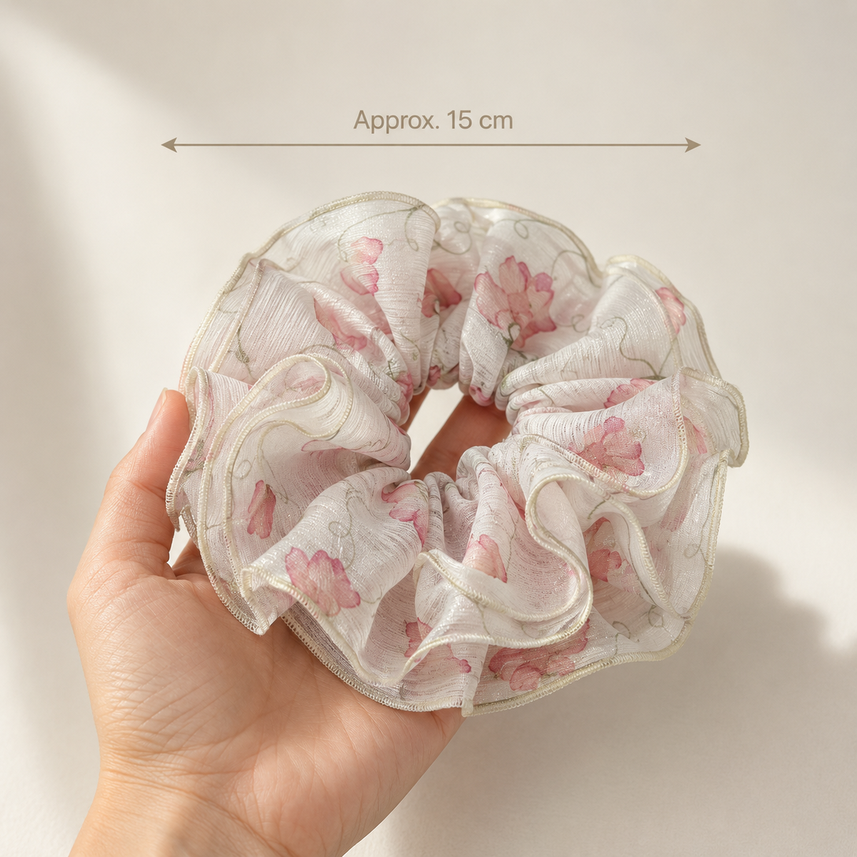 Blush Blossom floral chiffon scrunchie measuring approximately 15 cm