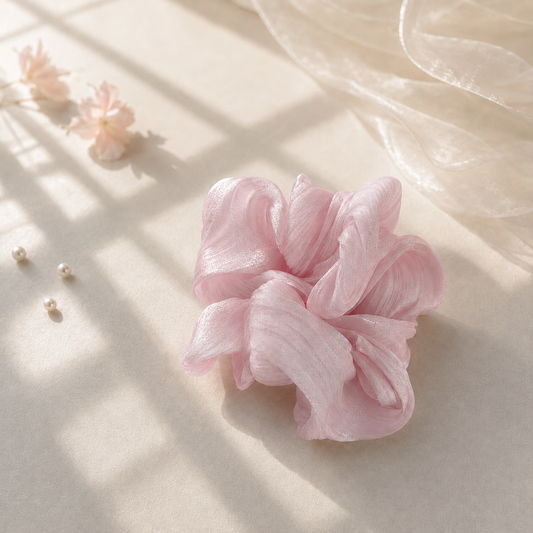 Blush pink pleated shimmer scrunchie glowing in natural sunlight by Luna Dot