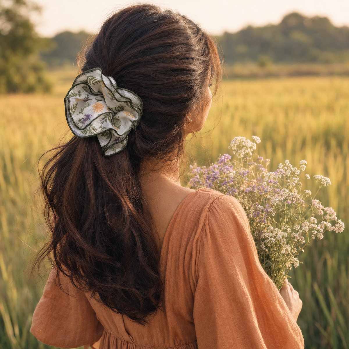 Woodland Bloom floral chiffon scrunchie styled in a ponytail