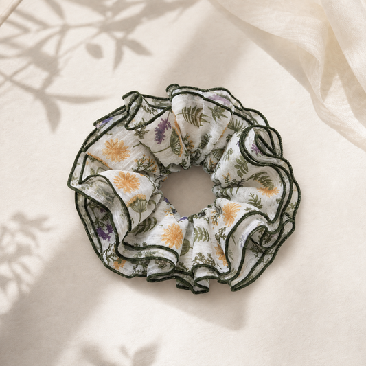 Woodland Bloom ivory botanical floral chiffon scrunchie by Luna Dot