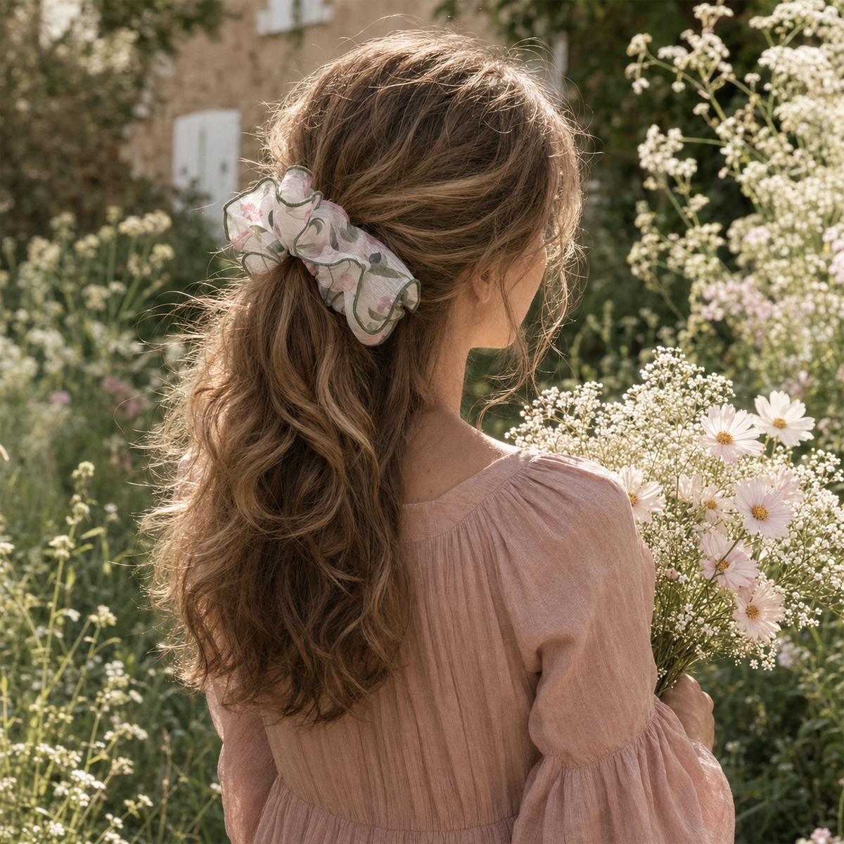 Secret Garden chiffon scrunchie styled in a low side ponytail