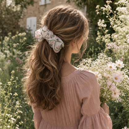 Secret Garden chiffon scrunchie styled in a low side ponytail