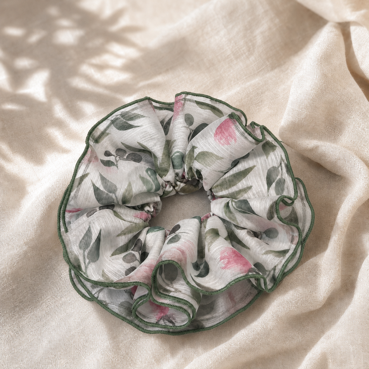 Secret Garden warm ivory and green floral chiffon scrunchie by Luna Dot
